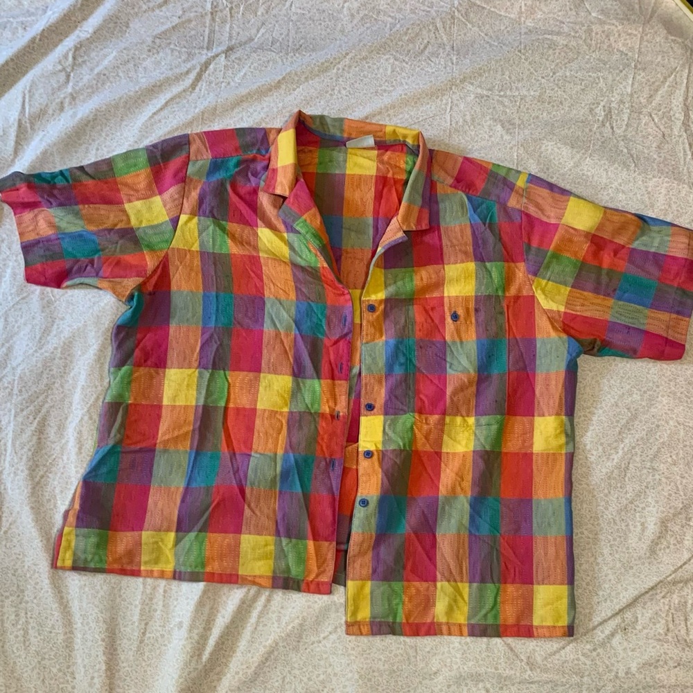Colorful Madras Button Down Shirt Blue Buttons